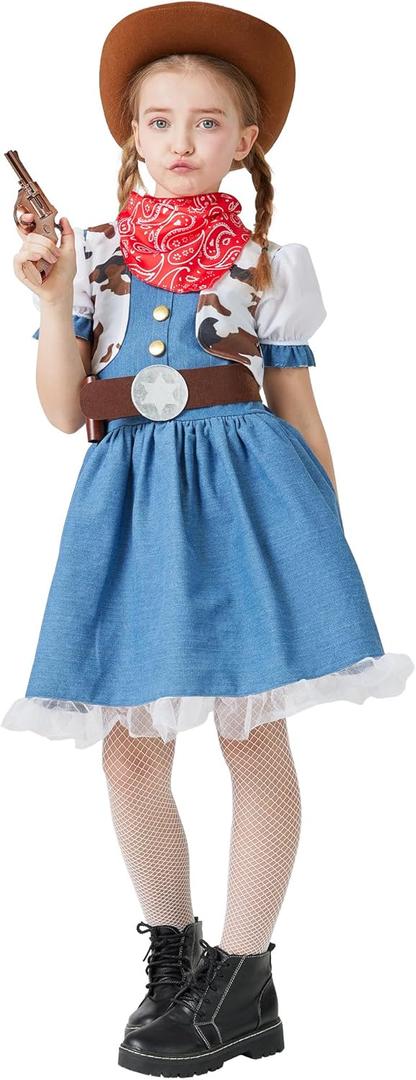 LETIME Cowgirl Costume for Girls 7pcs Set Halloween Kids Cowgirl Western Outfit Dress with Hat and Bandanna for Teens