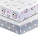 2 Pack Fitted Crib Sheets for Girls in 100% Jersey Knit Cotton Girls Crib Mattress Sheets with a Nature Theme of Owls with Purple and Pink Hearts and a Gray Sheet with Pink Hearts by Everyday Kids