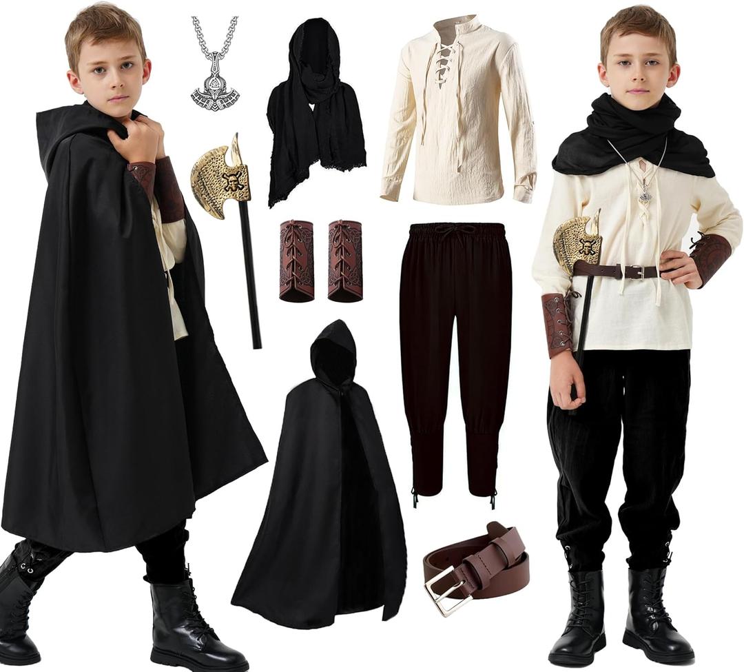 8 Pcs Medieval Costume for Boys Renaissance Viking Pirate Tunic Outfit for Kids (11-12 Years, Black)