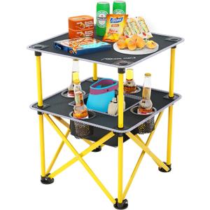 Folding Camping Table with 4 Cup Holders, Lightweight Portable Beach Outdoor Picnic Table, Square Camp Table with Built-in Food Basket Travel Bag for BBQ, Camping, Tailgate