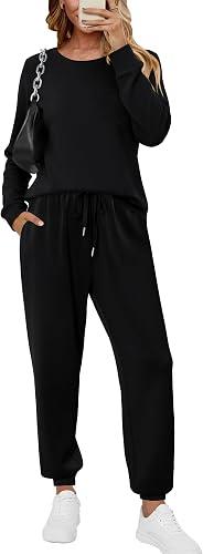 KISSMODA Womens 2 Piece Sets 2025 Casual Sweatsuit Outfits Tracksuits Long Sleeve Crewneck Tops and Pants Lounge Set Black Medium
