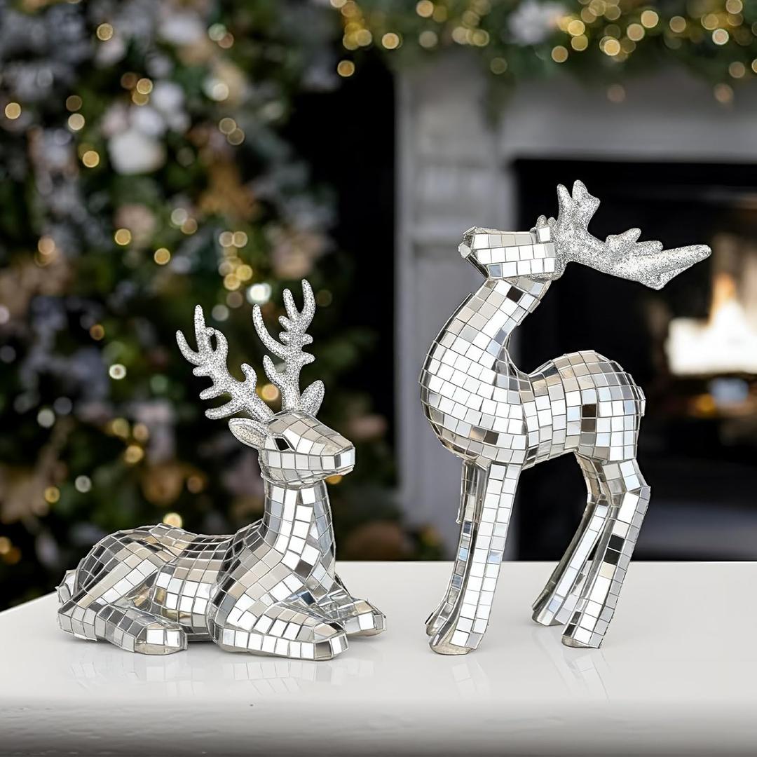 Weysat 2 Pcs Christmas Disco Reindeer Figurines Decor Xmas Elk Tabletop Centerpieces Decorations Mini Glitter Mirror Disco Standing Sitting Reindeer for Christmas Indoor Shelf Mantel Table Supplies