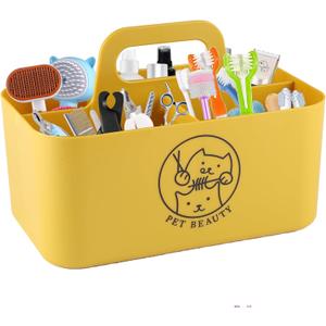 Dog Storage Organizer for Grooming Supplies,Portable Caddy Organizer for Pet Stuff,Divided Storage Bin for Dog Cat Grooming Kit,Dog Stuff Organizer with Handle for Shampoo,Clipper,Comb-Yeloow