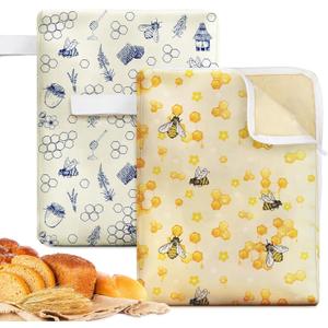 Hahafelt 2 Pack Beeswax Bread Bags for Homemade Sourdough Bread 17" x 13" Wide Zipper Access Organic Beeswax Linen Cotton Food Storage Bag with Sealing Zip to Keep Fresh(Bee)