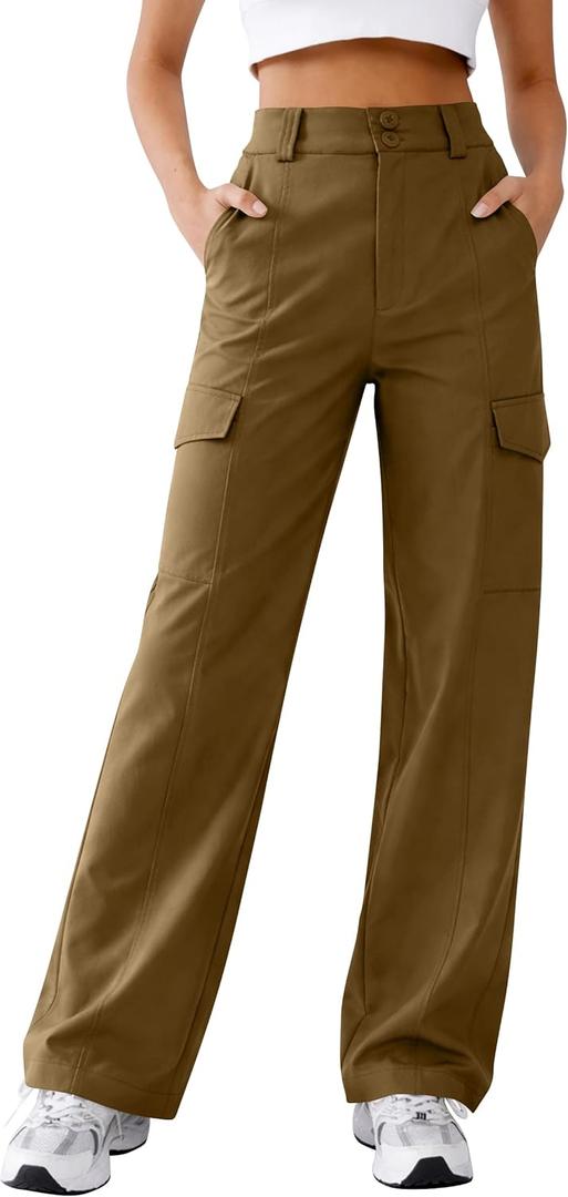 Women's High Waist Cargo Pants with Multiple Pockets Comfortable Flexible Fit Casual Wear Work Hiking (Khaki)