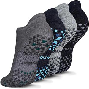 Hylaea Unisex Non Slip Socks with Grip for Yoga, Hospital, Pilates, Barre | Ankle, Cushioned (Small-Medium, 4 Pairs Black Grey (Bicolor Grips))