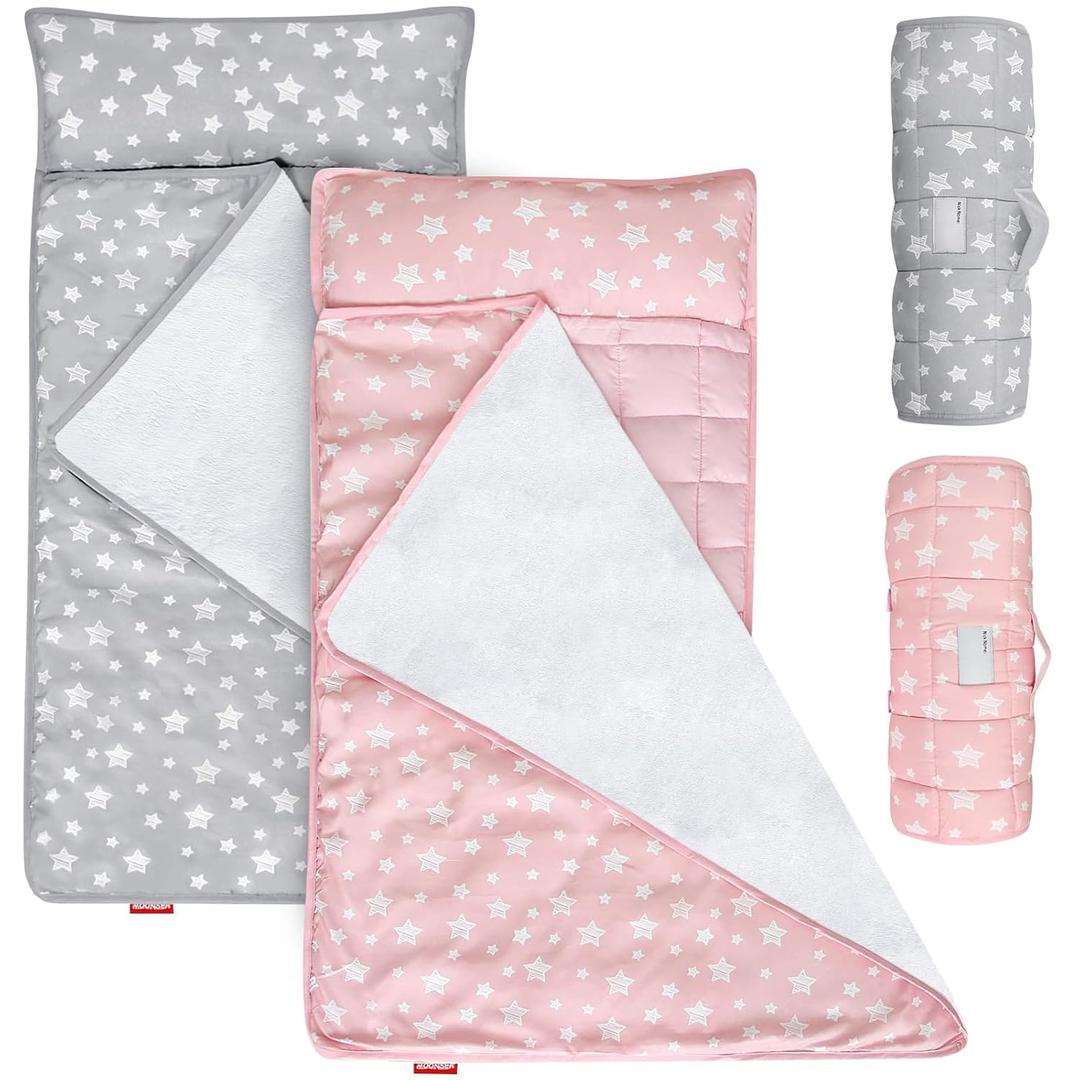 Toddler Nap Mat 2 Pack, Nap Mat for Kids Preschool, Daycare and Fleece Minky Blanket, Lightweight, Soft, Gray and Pink (21" x 50")