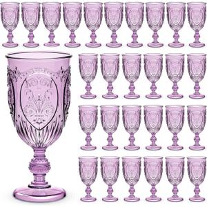 Wiwiqing 48 Pcs Plastic Goblets 7.5oz Vintage Goblet Plastic Wine Glasses Colored Retro Embossed Water Goblets for Wine Bar Juice Baby Shower Wedding Reception Grand Event Party (Purple)