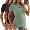 3 Pack Women's Maternity Tops Short Sleeve Ribbed Knit Maternity Shirts Crew Neck Side Ruched Pregnancy Clothes, Light Green, Burgundy, Black, Large