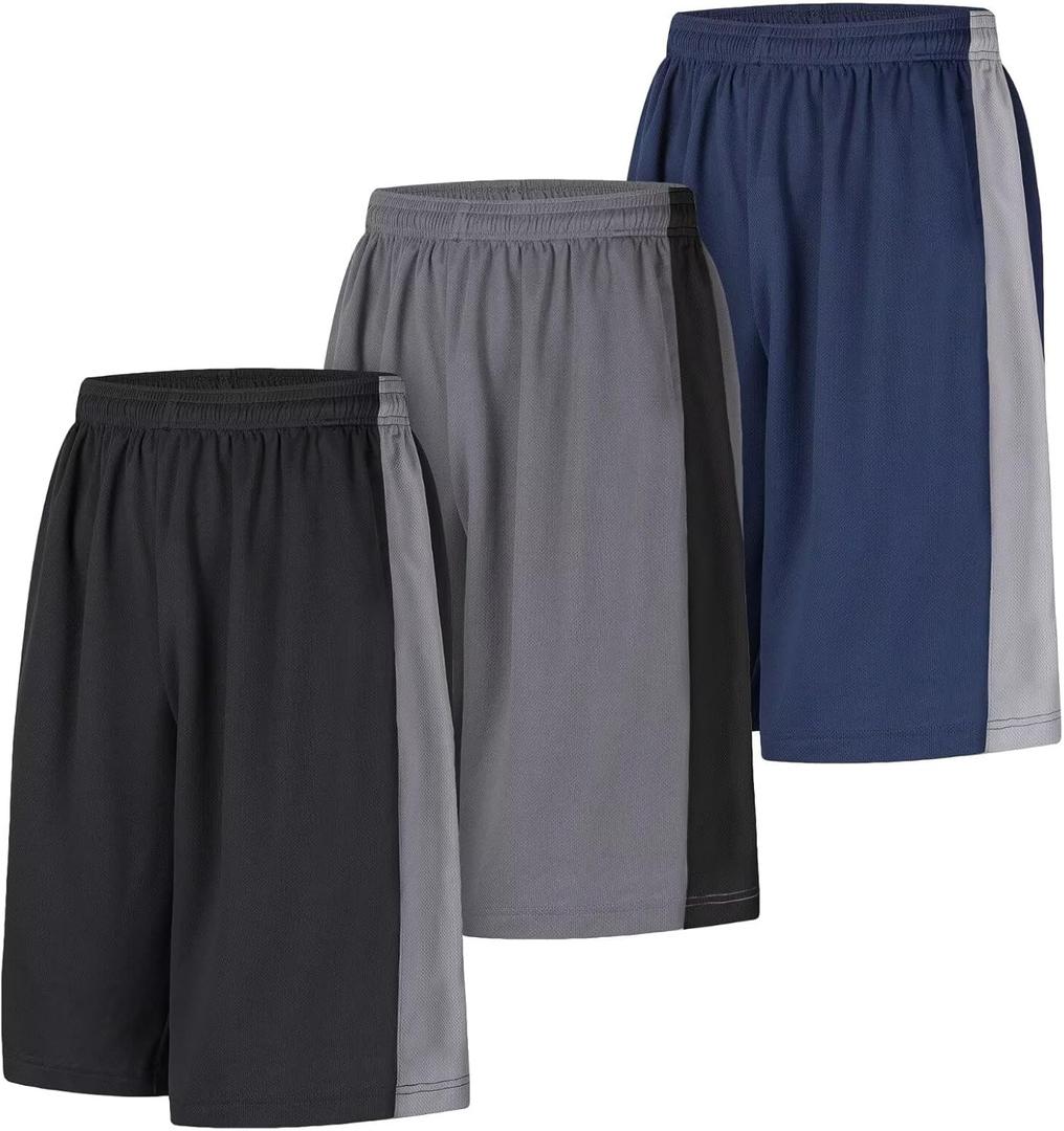 Men's Long Athletic Shorts Basketball Gym Quick Dry Camo Shorts with Pockets (X-Large, 3 Pack Black/Grey/Blue)