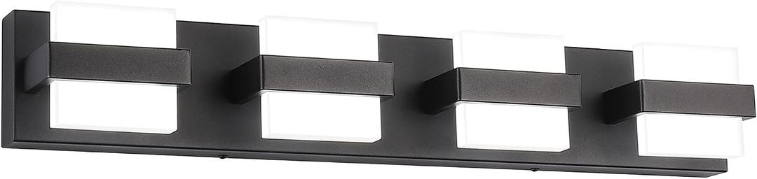 SOLFART 4 Lights Black Vanity Light Fixtures Modern LED Bathroom Light Black Bathroom Lighting Fixtures for Mirror 27 inch White Lights Non Dimmable