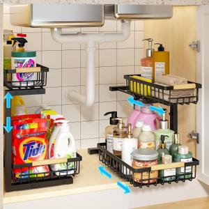 REALINN Under Sink Organizer, 2 Pack Height Adjustable Under Sink Organizers and Storage, 2 Tier Pull Out Drawer Cabinet Storage for Kitchen Bathroom (Black)