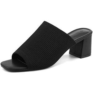 Rilista Women's Open Toe Heeled Mules Block Heels Sandals Knit Chunky Square Heels Slip On Breathable Slides Sandal SIZE:9