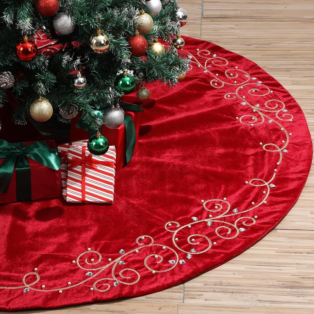 48inch Christmas Tree Skirt Red Luxury Velvet Plush Fur Skirts Baroque Tree Skirts with Gold Embroidered Pearls and Crystals Xmas Velvet Trees Skirt for Christmas Holiday Party Home Decorations