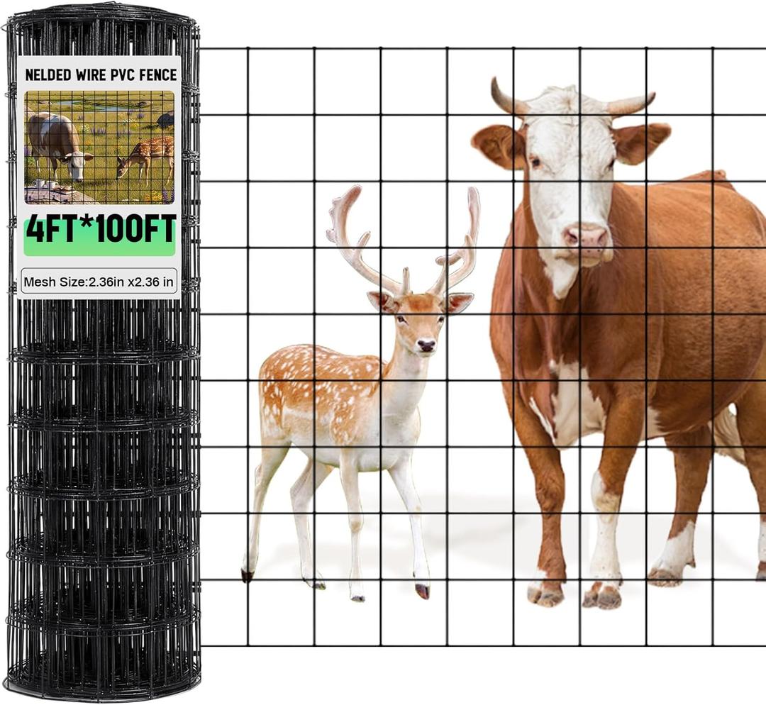 Gisafai 16 Gauge Galvanized Welded Wire Fence 4 ft x 100 ft PVC Coated Hardware Cloth, 2.36" x 2.36" Mesh, Heavy Duty Garden Fencing Roll for Chicken, Dog Yard, Deer Cattle & Animal Protection(Black)