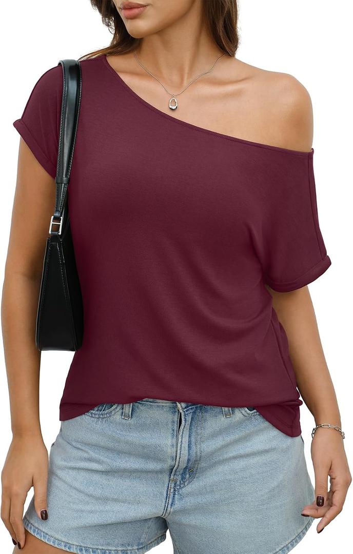 EasyGala Womens Off Shoulder Tops Sexy Short Sleeve Shirts Rolled Sleeve Loose T Shirts Summer Going Out Clothes 2026, L