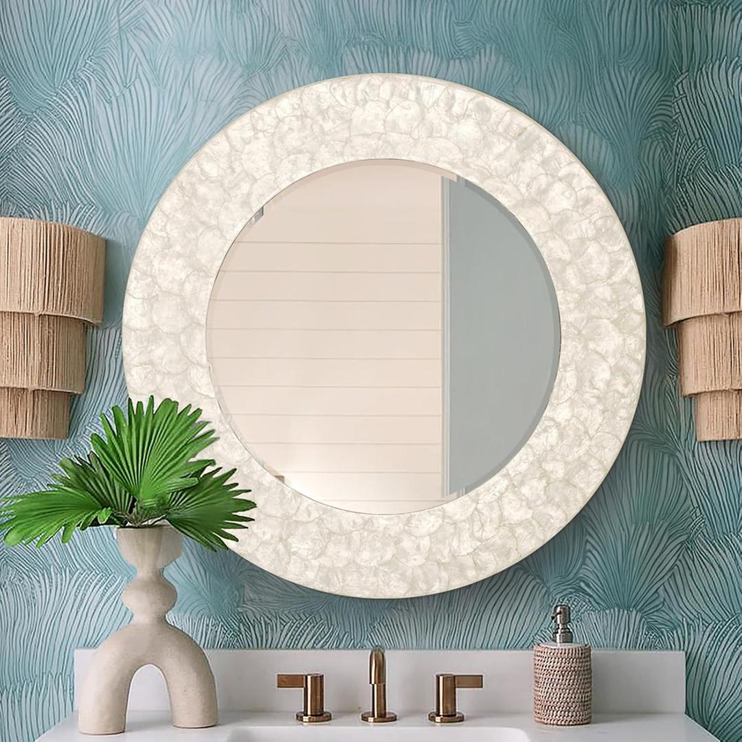 Capiz Shell Round Mirror, 30'' Coastal Mirror with Natural Capiz Seashell Frame, Decorative Circle Wall Mirrors for Living Room Mantel Bathroom Entryway