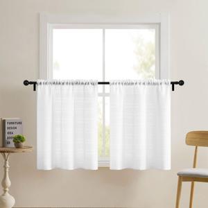 Home Queen White Water Resistant Bathroom Window Curtain, Waffle Textured Half Tier Curtains for Kitchen Cafe, 30" W X 36" L Inches, Set of 2