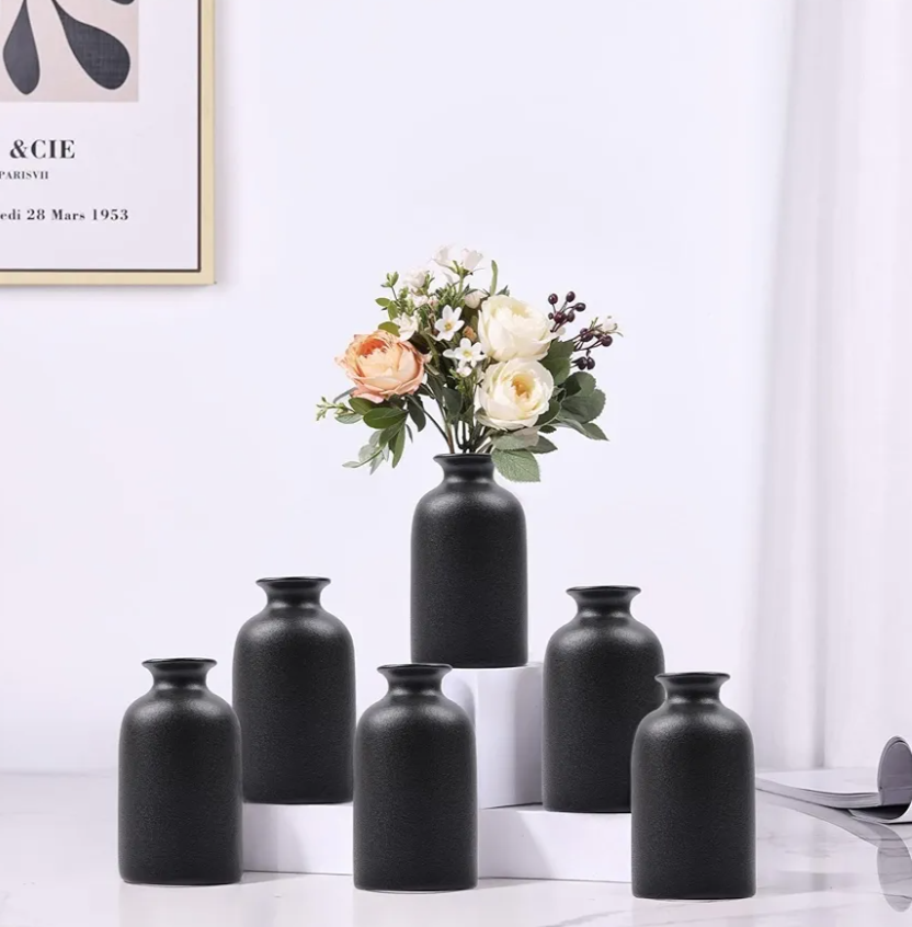 Black Bud Vases Set of 6 - Mini Black Ceramic Vases for Flowers, Modern Bud Vase for Table Decor, Boho Small Vase for Home Decor, Centerpieces in Bulk for Wedding, Home, Table, Party Decor