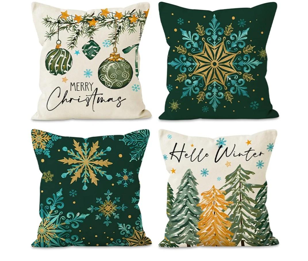 Feagar Pillow Covers Christmas Decorations - 18x18 Pillow Cover Set of 4, Chiristmas Decor Washable Pillow Cases with 4 Cute Christmas Patterns Perfect for Sofa Home Couch Green