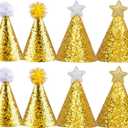 8pcs Golden Cone Party Hats for Infants Pets: Glitter Star Ball Birthday Hats Celebration Headwear with Gold Ropes for Fun Party Supplies Decorations