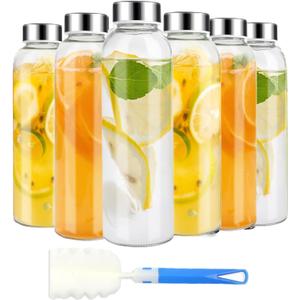Clear Glass Bottles 18oz Reusable Glass Water Bottle | with Lids, 6pcs Set, with Stainless Steel Cap, 100% Leak Proof, Can be Used for Fruit Juice, Tea, Water