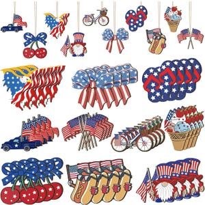Leinuosen 50 Pcs 4th of July Wooden Ornaments for Tree 250th Anniversary Patriotic Hanging Ornaments Independence Day America Memorial Day Star Gnome Truck Wood Cutout Decor for Patriotic Party Decor