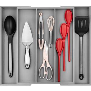 Purawood Kitchen Drawer Organizer - Expandable Utensil Drawer Organizer for Kitchen, Cutlery Tray & Silverware Organizer, 3-5 Slots - Bamboo Organizer for Utensils & Flatware (Grey)