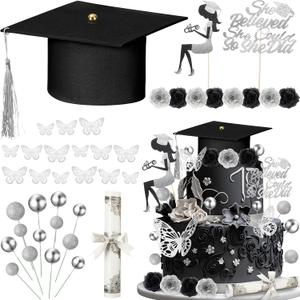 Boao 36 Pcs Graduation Cake Decorations Congrats Grad Cake Toppers Class of 2026 Cap Diploma She Believed She Could Rose Butterfly Decor for Girls 2026 Graduation Party Supplies(Silver)