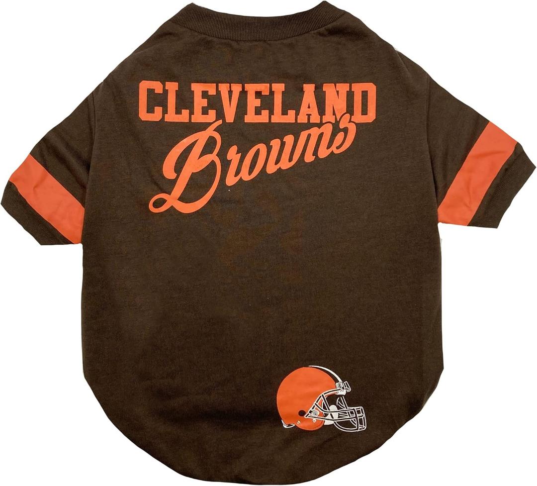 Pets First NFL Cleveland Browns Dog & Cat T-Shirt, Small. Football Pet Shirt with Team Name & Logo, Striped Sleeves, Poly-cotton Material, Brown, Unisex, Sports Fashion, Casual Wear