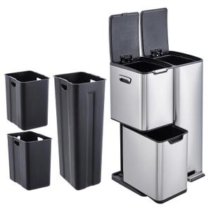 16 Gal Recycle Bins for Kitchen, Triple Compartment Garbage Can with Lid, Stainless Steel Trash and Recycling Bin Combo with Inner Bucket & Foldable Foot Pedal for Home Office, Silver