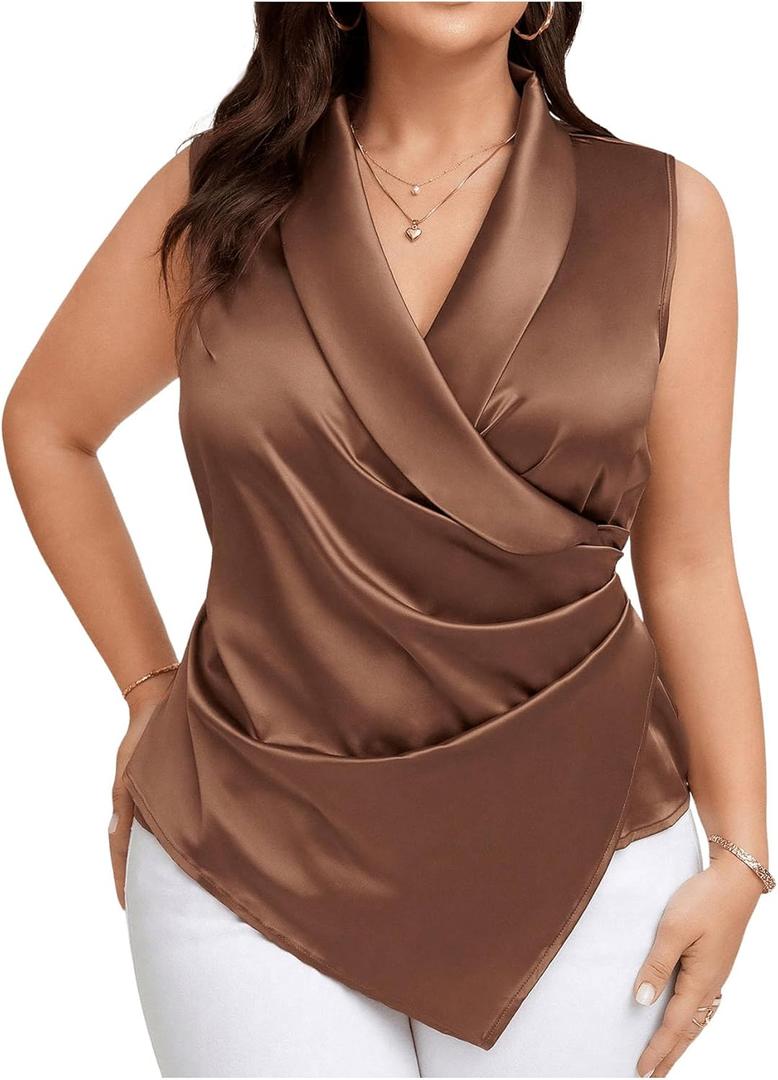 OYOANGLE Women's Plus Size Satin Wrap V Neck Sleeveless Blouse Asymmetrical Hem Elegant Work Office Tank Tops (Brown), Large Plus