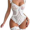 Aranmei Women Sexy Lingerie Bodysuit Floral Lace Teddy Babydoll Snap Crotch Ruffle One Piece with Thigh Bands(White, Large)