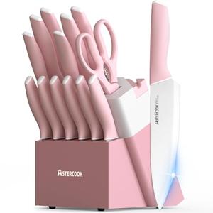 Astercook Knife Set, Kitchen Knives Set with Block and Sharpener 15 Pcs German Stainless Steel Knives Sharp Blade Dishwasher Safe Deba Knives with Ergonomic Handle, Crystal Pink