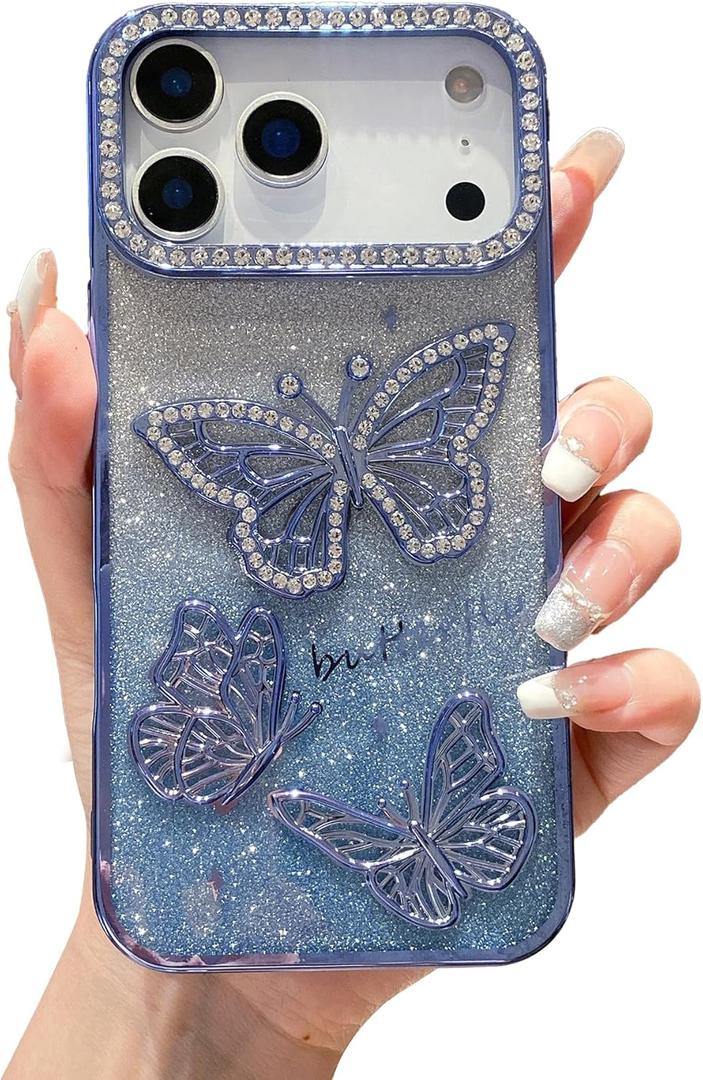 iFiLOVE for iPhone 17 Pro Max Bling Butterfly Case, Cute Luxury Sparkle Glitter Diamond Crystal Rhinestone Protective Case Cover for Girls Women Kids (Blue)