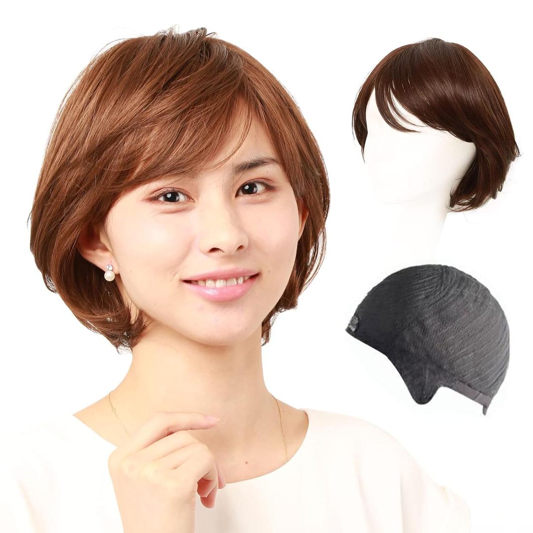 Short Casual Bob Wig with Bangs for Asian Young Women (Human Hair Blend+Medical Base, C9 Natural Brown)