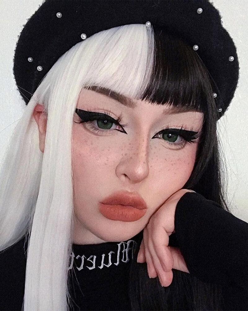 Swiking Half White Half Black Long Straight Cosplay Wigs with Bangs Hair Natural Synthetic Wig for Women Girl