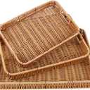 Woven Serving Tray with Handles, Handmade Poly Wicker Tray for Storage Breakfast, Drinks, Fruits, Rectangular Basket Organizer Platters for Coffee Table Centerpiece Decor (3, Light Color)
