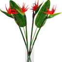 Artificial Bird of Paradise Flowers Real Touch 31.5'in Long Stem Flower 4 Pcs, with Bird of Paradise Leaves 33.5'in Long Stem Greenery Plants 2 Pcs,for Home Garden Wedding Party Decor (Red 6 Stems)