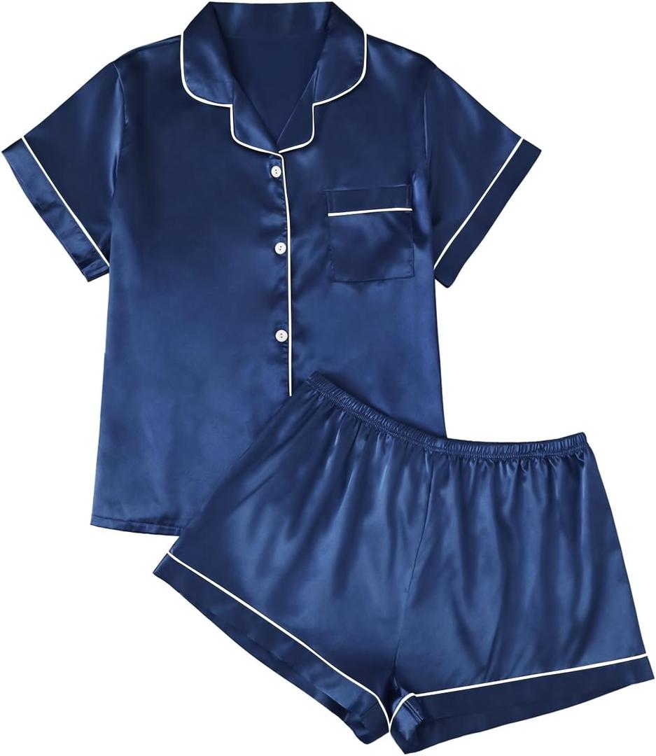 LILLUSORY Silk Satin Pajama Set for Women 2 Piece Lounge Pjs Winter Matching Summer Sleepwear Button Down Shirt Shorts (S)