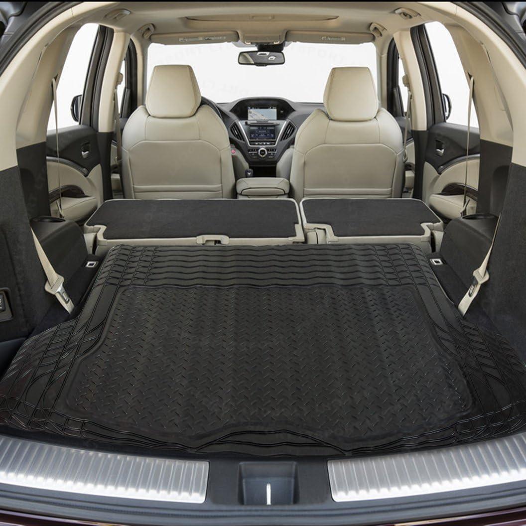 Waterproof Trunk Mat All Weather Cargo Liner 52" x 43" Universal Trimmable Tray Non Slip Interior Snow Rain Dust Rust Protection Heavy-Duty Black Rubber Rear Floor Carpet Cover Kids Dogs Pat Friendly