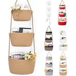 Hanging Storage Baskets, Over the Door Basket, Cotton Wall Baskets Storage, Hanging Door Basket with 4 Hooks (Jute)
