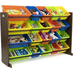 Humble Crew Extra-Large Toy Organizer with 20 Plastic Bins Dark Walnut/Neon Storage Rack with 4-Tier Shelves, Anti-Tip Safety, for Kids Rooms, Playrooms, Nurseries & Classrooms