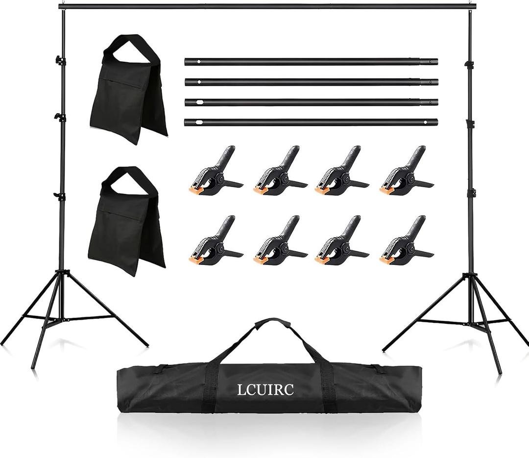 Photo Backdrop Stand, LCUIRC 10x8.5ft (WxH) Photo Background Banner Stand with 4 Crossbars, 8 Spring Clamps, 2 Sandbags, and Carrying Bag for Parties Events Decoration Advertising Display