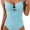 Aidonger One Piece Lace Up Swimsuit for Women Tummy Control Slimming Bathing Suits Cut Out Push Up Swimwear Light Blue, Large