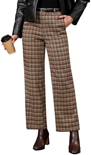 GRAPENT Plaid Pants for Women Wide Leg High Waisted Tartan Work Business Casual Elastic Waist Trousers Pants with Pocket, M