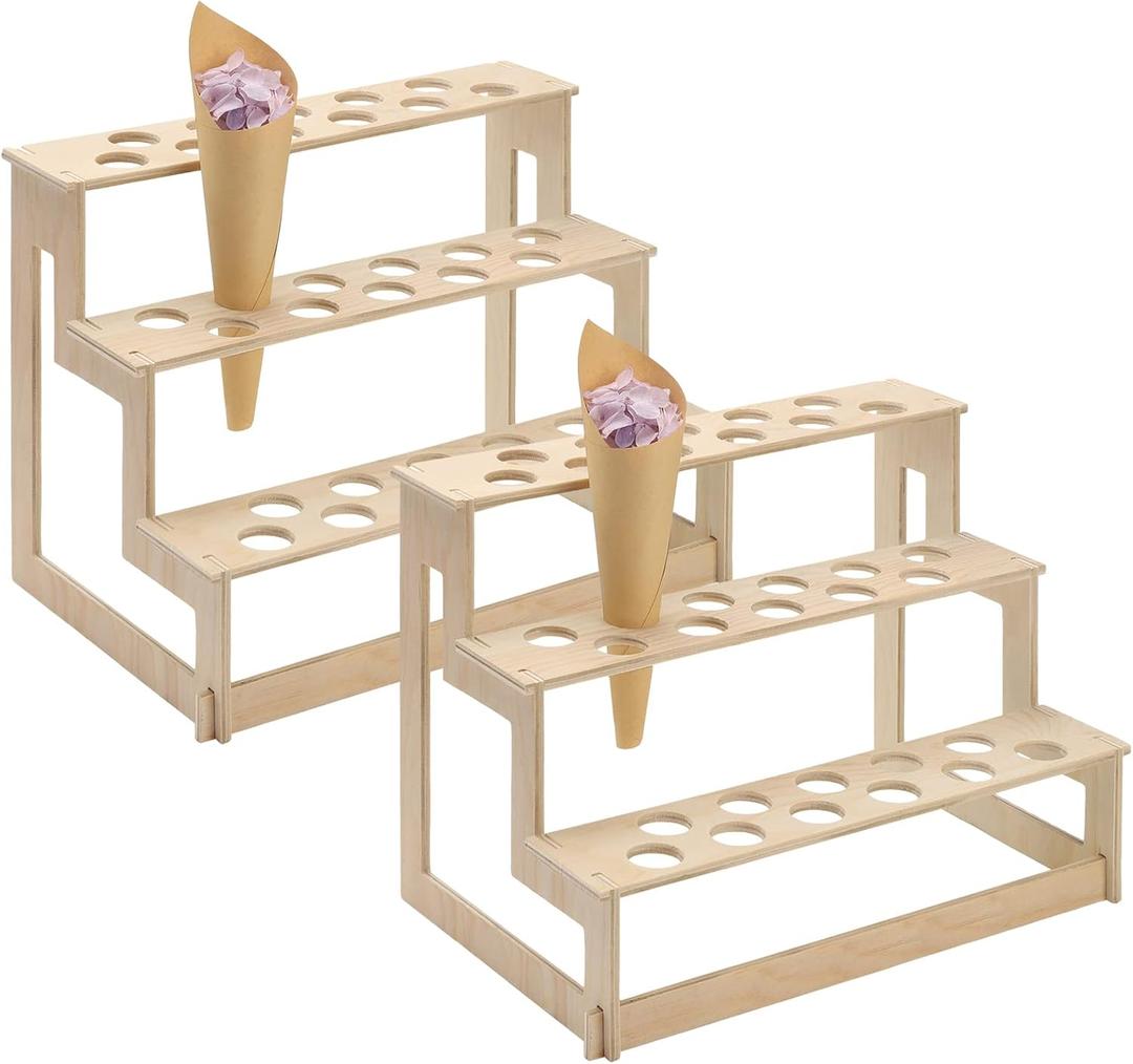 Queekay 2 Pcs 66 Holes Ice Cream Cone Holder Stand Wooden Cone Holders for Party Waffle Displaying Buffet Restaurant Food Catered Events Birthday Wedding Decoration