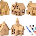 NUOBESTY 5PCS Unfinished Christmas House with Paint Set Art and Craft House for Kids DIY Crafts Woodworking Building Project for Children to Build& Paint