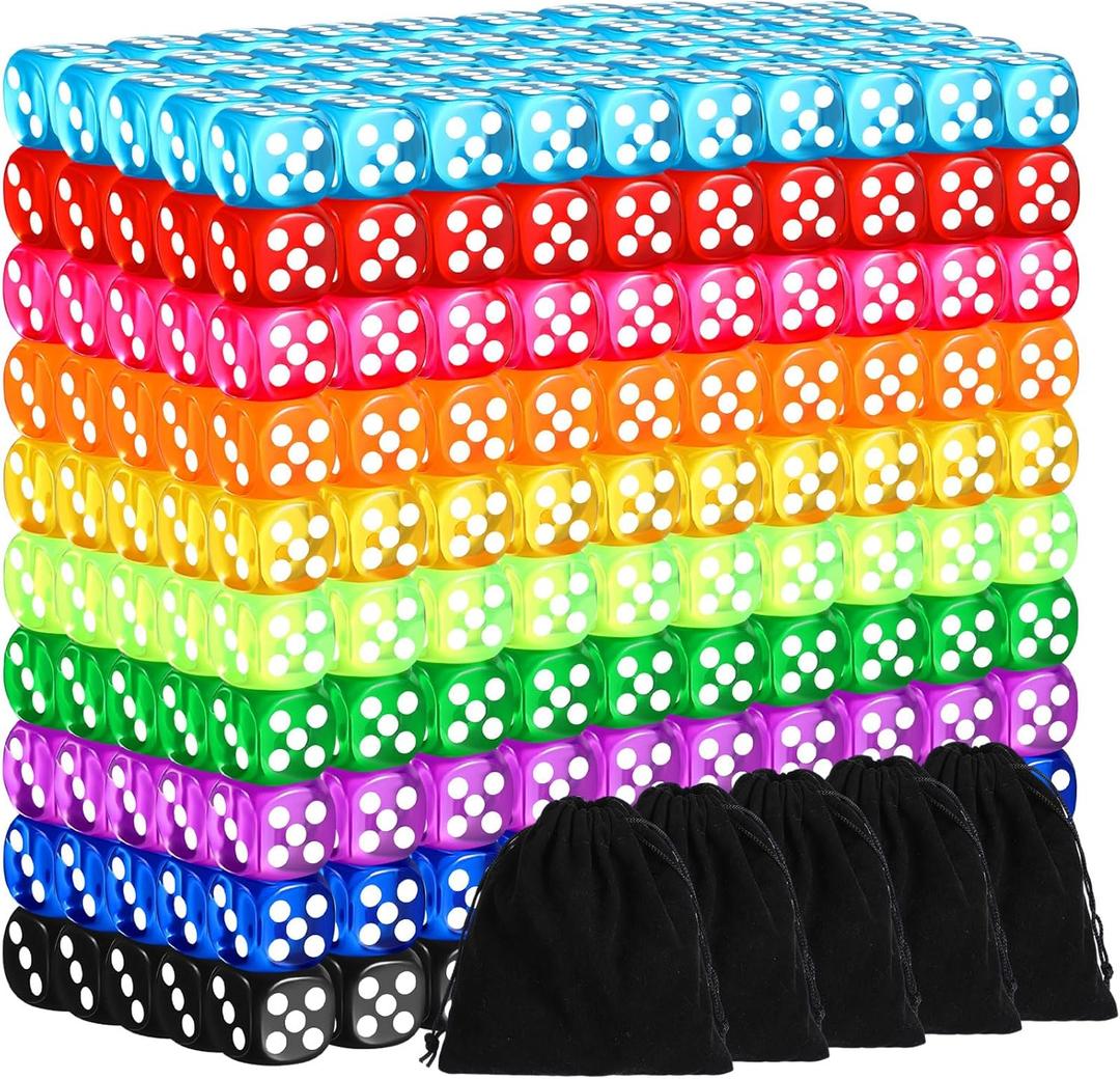 500 Pieces Colored Dice Set 12mm 6 Sided Bulk Dice with 5 Pieces Drawstring Pouches Mini Dice Bulk for Board Dices Game Classroom Teaching Math Learning, 10 Color(Classic Color)