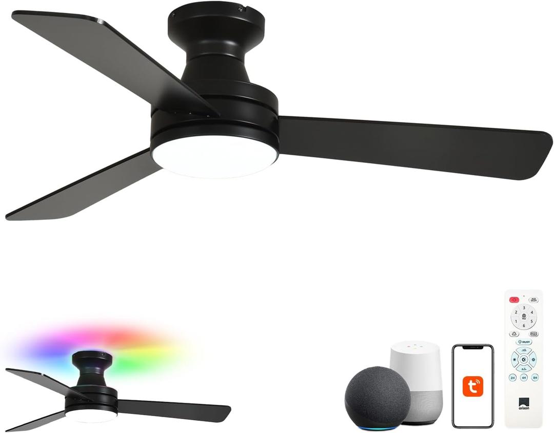 Orison Smart Ceiling Fans with Lights 42" Low Profile Flush Mount, RGB Backlight & Dimmable LED, Alexa & Google Compatible, 6-Speed Reversible, App & Remote Control, Quiet & Energy Saving, Black